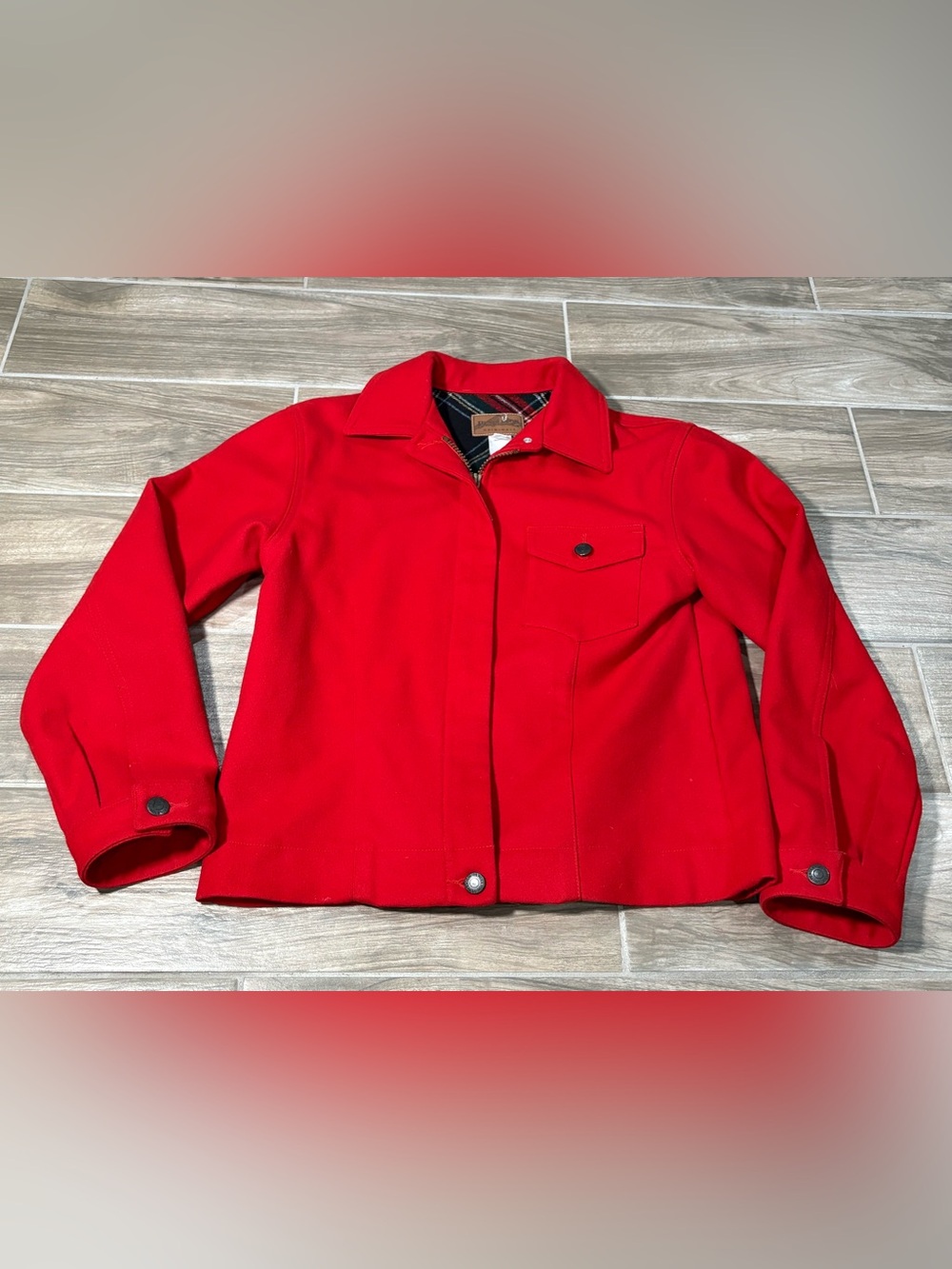 Pendleton Red Plaid 100% Virgin Wool Zip Jacket Made in USA Womens Petite Small